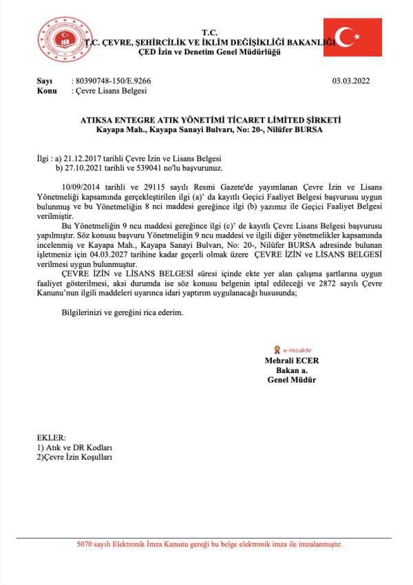 Ara Depolama Çevre İzni ve Lisans Belgesi Ara Depolama Çevre İzni ve Lisans Belgesi